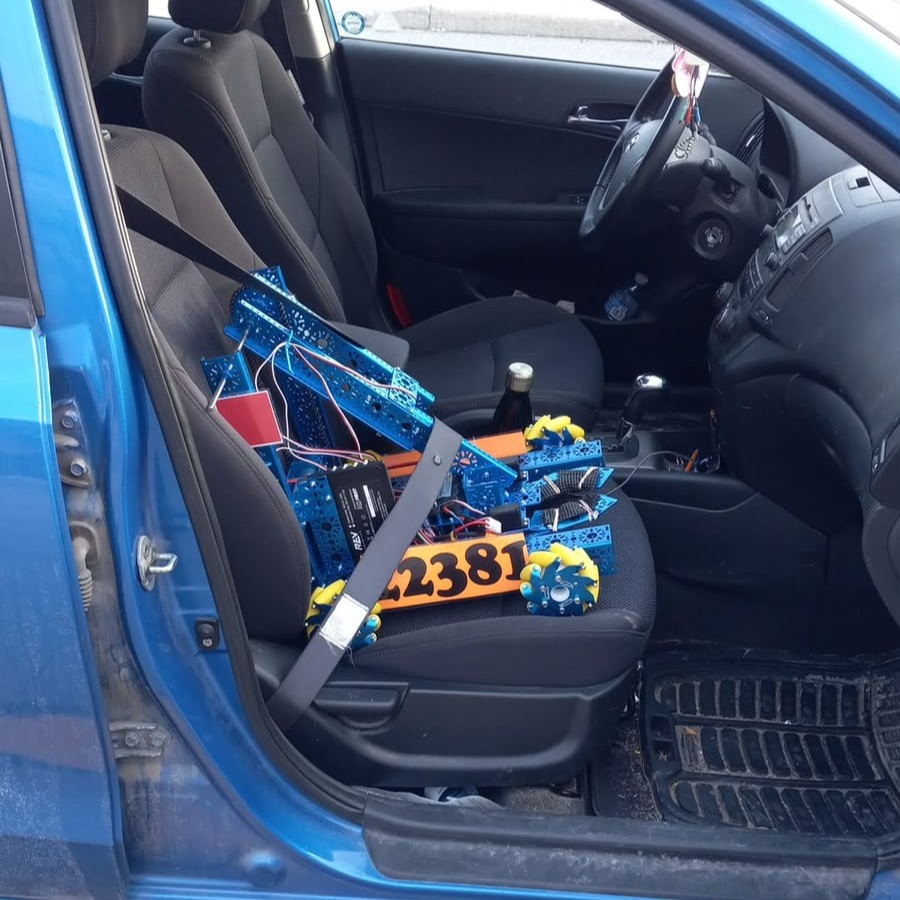 Image of FTC robot strapped into the car leaving for competiiton